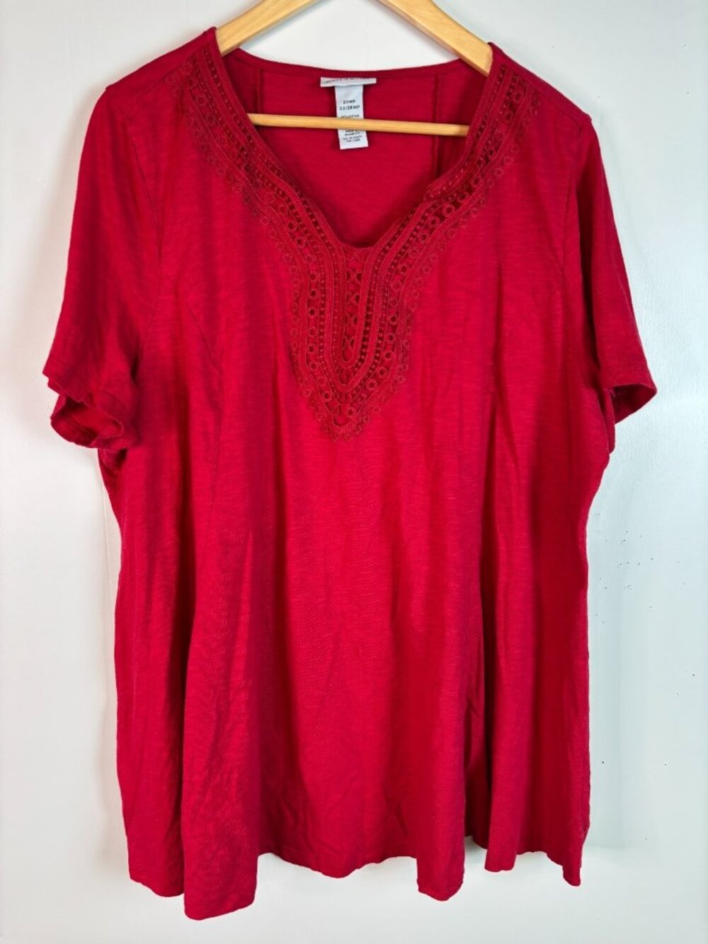 Catherines Top 2XWP Red Crochet Neckline Short Sleeve Shirt 2X Petite Women's